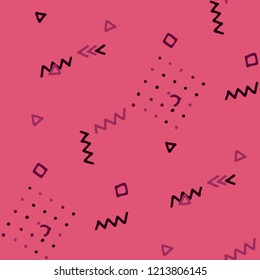 Vintage Memphis Texture. Seamless Background for Wallpaper, Print, Textile in Trendy Style. Colorful Geometric Pattern with Hand Drawn Scribble Elements. Colorful Triangles, Rings, Zigzags and Dots.