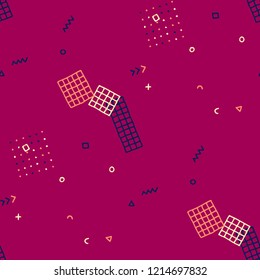 Vintage Memphis Texture. Seamless Background for Wallpaper, Calico, Textile in Trendy Style. Colorful Geometric Pattern with Hand Drawn Scribble Elements. Colorful Triangles, Rings, Zigzags and Dots.