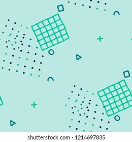 Vintage Memphis Texture. Seamless Background for Chintz, Calico, Fabric in Trendy Style. Bright Geometric Pattern with Hand Drawn Scribble Elements. Colorful Triangles, Rings, Zigzags and Dots.