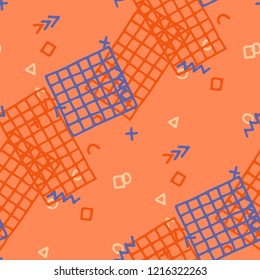 Vintage Memphis Texture. Seamless Background for Banner, Poster, Cover in Trendy Style. Bright Geometric Pattern with Hand Drawn Scribble Elements. Colorful Triangles, Rings, Zigzags and Dots.