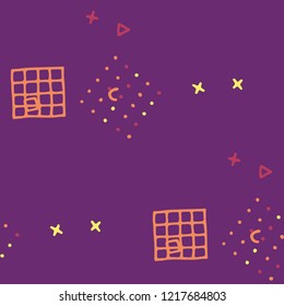 Vintage Memphis Texture. Seamless Background for Card, Banner, Cover in Trendy Style. Colorful Geometric Pattern with Hand Drawn Scribble Elements. Colorful Triangles, Rings, Zigzags and Dots.