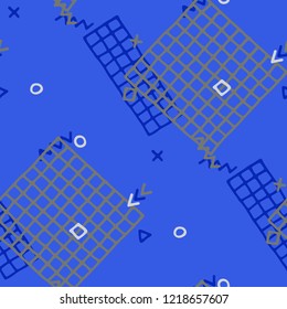 Vintage Memphis Texture. Seamless Background for Wallpaper, Print, Textile in Trendy Style. Colorful Geometric Pattern with Hand Drawn Scribble Elements. Colorful Triangles, Rings, Zigzags and Dots.