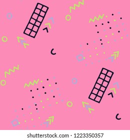 Vintage Memphis Texture. Seamless Background for Chintz, Calico, Fabric in Trendy Style. Bright Geometric Pattern with Hand Drawn Scribble Elements. Colorful Triangles, Rings, Zigzags and Dots.