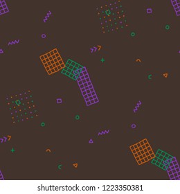 Vintage Memphis Texture. Seamless Background for Wallpaper, Cotton, Swimwear in Trendy Style. Colorful Geometric Pattern with Hand Drawn Scribble Elements. Colorful Triangles, Rings, Zigzags and Dots.