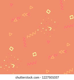 Vintage Memphis Texture. Seamless Background for Banner, Poster, Cover in Trendy Style. Colorful Geometric Pattern with Hand Drawn Scribble Elements. Colorful Triangles, Rings, Zigzags and Dots.