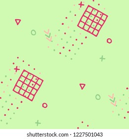Vintage Memphis Texture. Seamless Background for Banner, Poster, Cover in Trendy Style. Bright Geometric Pattern with Hand Drawn Scribble Elements. Colorful Triangles, Rings, Zigzags and Dots.