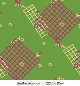 Vintage Memphis Texture. Seamless Background for Banner, Poster, Cloth in Trendy Style. Bright Geometric Pattern with Hand Drawn Scribble Elements. Colorful Triangles, Rings, Zigzags and Dots.