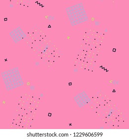 Vintage Memphis Texture. Seamless Background for Banner, Poster, Cover in Trendy Style. Bright Geometric Pattern with Hand Drawn Scribble Elements. Colorful Triangles, Rings, Zigzags and Dots.
