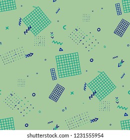 Vintage Memphis Texture. Seamless Background for Chintz, Calico, Fabric in Trendy Style. Bright Geometric Pattern with Hand Drawn Scribble Elements. Colorful Triangles, Rings, Zigzags and Dots.