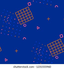 Vintage Memphis Texture. Seamless Background for Wallpaper, Print, Textile in Trendy Style. Bright Geometric Pattern with Hand Drawn Scribble Elements. Colorful Triangles, Rings, Zigzags and Dots.