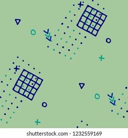 Vintage Memphis Texture. Seamless Background for Banner, Poster, Cover in Trendy Style. Bright Geometric Pattern with Hand Drawn Scribble Elements. Colorful Triangles, Rings, Zigzags and Dots.