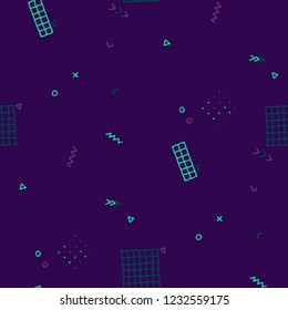 Vintage Memphis Texture. Seamless Background for Card, Print, Textile in Trendy Style. Colorful Geometric Pattern with Hand Drawn Scribble Elements. Colorful Triangles, Rings, Zigzags and Dots.