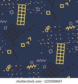 Vintage Memphis Texture. Seamless Background for Banner, Poster, Cover in Trendy Style. Bright Geometric Pattern with Hand Drawn Scribble Elements. Colorful Triangles, Rings, Zigzags and Dots.