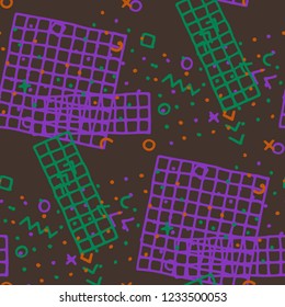 Vintage Memphis Texture. Seamless Background for Chintz, Calico, Fabric in Trendy Style. Bright Geometric Pattern with Hand Drawn Scribble Elements. Colorful Triangles, Rings, Zigzags and Dots.
