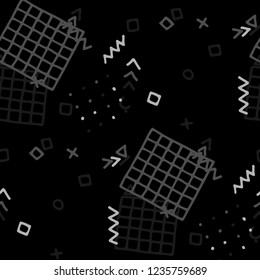 Vintage Memphis Texture. Seamless Background for Chintz, Cotton, Swimwear in Trendy Style. Colorful Geometric Pattern with Hand Drawn Scribble Elements. Colorful Triangles, Rings, Zigzags and Dots.