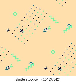 Vintage Memphis Texture. Seamless Background for Wallpaper, Fabric, Cloth in Trendy Style. Bright Geometric Pattern with Hand Drawn Scribble Elements. Colorful Triangles, Rings, Zigzags and Dots.