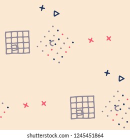 Vintage Memphis Texture. Seamless Background for Wallpaper, Fabric, Cloth in Trendy Style. Bright Geometric Pattern with Hand Drawn Scribble Elements. Colorful Triangles, Rings, Zigzags and Dots.