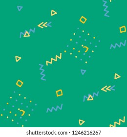 Vintage Memphis Texture. Seamless Background for Wallpaper, Calico, Textile in Trendy Style. Bright Geometric Pattern with Hand Drawn Scribble Elements. Colorful Triangles, Rings, Zigzags and Dots.