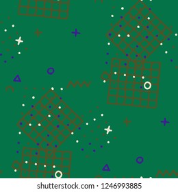 Vintage Memphis Texture. Seamless Background for Card, Banner, Cover in Trendy Style. Colorful Geometric Pattern with Hand Drawn Scribble Elements. Colorful Triangles, Rings, Zigzags and Dots.