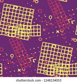 Vintage Memphis Texture. Seamless Background for Chintz, Calico, Fabric in Trendy Style. Bright Geometric Pattern with Hand Drawn Scribble Elements. Colorful Triangles, Rings, Zigzags and Dots.