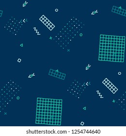 Vintage Memphis Texture. Seamless Background for Card, Poster, Cover in Trendy Style. Colorful Geometric Pattern with Hand Drawn Scribble Elements. Colorful Triangles, Rings, Zigzags and Dots.