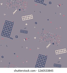 Vintage Memphis Texture. Seamless Background for Chintz, Calico, Fabric in Trendy Style. Bright Geometric Pattern with Hand Drawn Scribble Elements. Colorful Triangles, Rings, Zigzags and Dots.