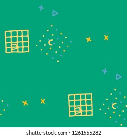 Vintage Memphis Texture. Seamless Background for Wallpaper, Calico, Textile in Trendy Style. Colorful Geometric Pattern with Hand Drawn Scribble Elements. Colorful Triangles, Rings, Zigzags and Dots.