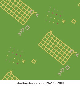 Vintage Memphis Texture. Seamless Background for Wallpaper, Fabric, Cloth in Trendy Style. Colorful Geometric Pattern with Hand Drawn Scribble Elements. Colorful Triangles, Rings, Zigzags and Dots.