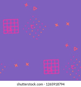 Vintage Memphis Texture. Seamless Background for Chintz, Calico, Fabric in Trendy Style. Colorful Geometric Pattern with Hand Drawn Scribble Elements. Colorful Triangles, Rings, Zigzags and Dots.