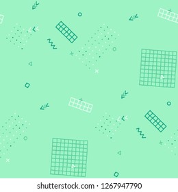 Vintage Memphis Texture. Seamless Background for Wallpaper, Print, Textile in Trendy Style. Colorful Geometric Pattern with Hand Drawn Scribble Elements. Colorful Triangles, Rings, Zigzags and Dots.