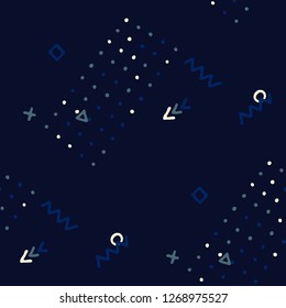 Vintage Memphis Texture. Seamless Background for Card, Print, Textile in Trendy Style. Colorful Geometric Pattern with Hand Drawn Scribble Elements. Colorful Triangles, Rings, Zigzags and Dots.