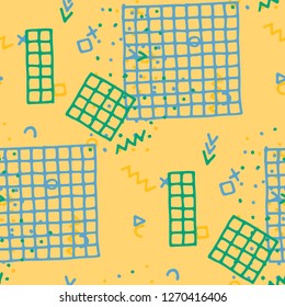 Vintage Memphis Texture. Seamless Background for Wallpaper, Calico, Textile in Trendy Style. Colorful Geometric Pattern with Hand Drawn Scribble Elements. Colorful Triangles, Rings, Zigzags and Dots.