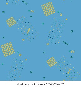 Vintage Memphis Texture. Seamless Background for Wallpaper, Calico, Textile in Trendy Style. Bright Geometric Pattern with Hand Drawn Scribble Elements. Colorful Triangles, Rings, Zigzags and Dots.