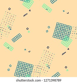 Vintage Memphis Texture. Seamless Background for Banner, Poster, Cover in Trendy Style. Bright Geometric Pattern with Hand Drawn Scribble Elements. Colorful Triangles, Rings, Zigzags and Dots.
