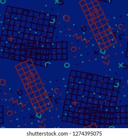 Vintage Memphis Texture. Seamless Background for Wallpaper, Print, Textile in Trendy Style. Colorful Geometric Pattern with Hand Drawn Scribble Elements. Colorful Triangles, Rings, Zigzags and Dots.