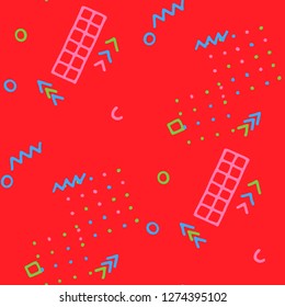 Vintage Memphis Texture. Seamless Background for Card, Print, Textile in Trendy Style. Bright Geometric Pattern with Hand Drawn Scribble Elements. Colorful Triangles, Rings, Zigzags and Dots.