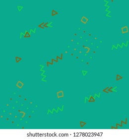 Vintage Memphis Texture. Seamless Background for Chintz, Calico, Fabric in Trendy Style. Colorful Geometric Pattern with Hand Drawn Scribble Elements. Colorful Triangles, Rings, Zigzags and Dots.