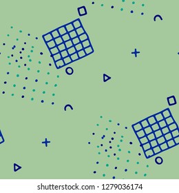 Vintage Memphis Texture. Seamless Background for Wallpaper, Calico, Textile in Trendy Style. Bright Geometric Pattern with Hand Drawn Scribble Elements. Colorful Triangles, Rings, Zigzags and Dots.