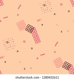 Vintage Memphis Texture. Seamless Background for Chintz, Calico, Fabric in Trendy Style. Colorful Geometric Pattern with Hand Drawn Scribble Elements. Colorful Triangles, Rings, Zigzags and Dots.