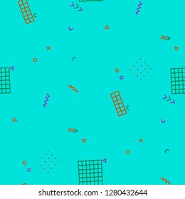 Vintage Memphis Texture. Seamless Background for Wallpaper, Fabric, Cloth in Trendy Style. Colorful Geometric Pattern with Hand Drawn Scribble Elements. Colorful Triangles, Rings, Zigzags and Dots.