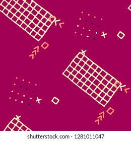 Vintage Memphis Texture. Seamless Background for Wallpaper, Calico, Textile in Trendy Style. Colorful Geometric Pattern with Hand Drawn Scribble Elements. Colorful Triangles, Rings, Zigzags and Dots.