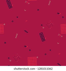 Vintage Memphis Texture. Seamless Background for Card, Poster, Cover in Trendy Style. Colorful Geometric Pattern with Hand Drawn Scribble Elements. Colorful Triangles, Rings, Zigzags and Dots.