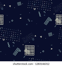Vintage Memphis Texture. Seamless Background for Banner, Poster, Cover in Trendy Style. Colorful Geometric Pattern with Hand Drawn Scribble Elements. Colorful Triangles, Rings, Zigzags and Dots.