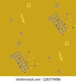 Vintage Memphis Texture. Seamless Background for Banner, Fabric, Cloth in Trendy Style. Bright Geometric Pattern with Hand Drawn Scribble Elements. Colorful Triangles, Rings, Zigzags and Dots.
