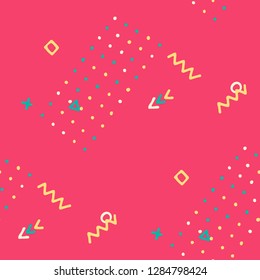 Vintage Memphis Texture. Seamless Background for Banner, Fabric, Cloth in Trendy Style. Bright Geometric Pattern with Hand Drawn Scribble Elements. Colorful Triangles, Rings, Zigzags and Dots.