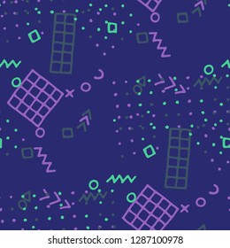 Vintage Memphis Texture. Seamless Background for Chintz, Calico, Fabric in Trendy Style. Colorful Geometric Pattern with Hand Drawn Scribble Elements. Colorful Triangles, Rings, Zigzags and Dots.