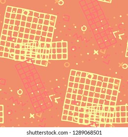 Vintage Memphis Texture. Seamless Background for Card, Print, Textile in Trendy Style. Bright Geometric Pattern with Hand Drawn Scribble Elements. Colorful Triangles, Rings, Zigzags and Dots.