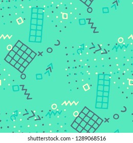 Vintage Memphis Texture. Seamless Background for Chintz, Cotton, Fabric in Trendy Style. Colorful Geometric Pattern with Hand Drawn Scribble Elements. Colorful Triangles, Rings, Zigzags and Dots.