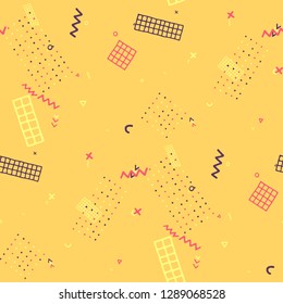 Vintage Memphis Texture. Seamless Background for Wallpaper, Fabric, Cloth in Trendy Style. Bright Geometric Pattern with Hand Drawn Scribble Elements. Colorful Triangles, Rings, Zigzags and Dots.