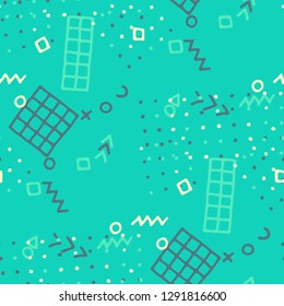 Vintage Memphis Texture. Seamless Background for Wallpaper, Fabric, Cloth in Trendy Style. Colorful Geometric Pattern with Hand Drawn Scribble Elements. Colorful Triangles, Rings, Zigzags and Dots.